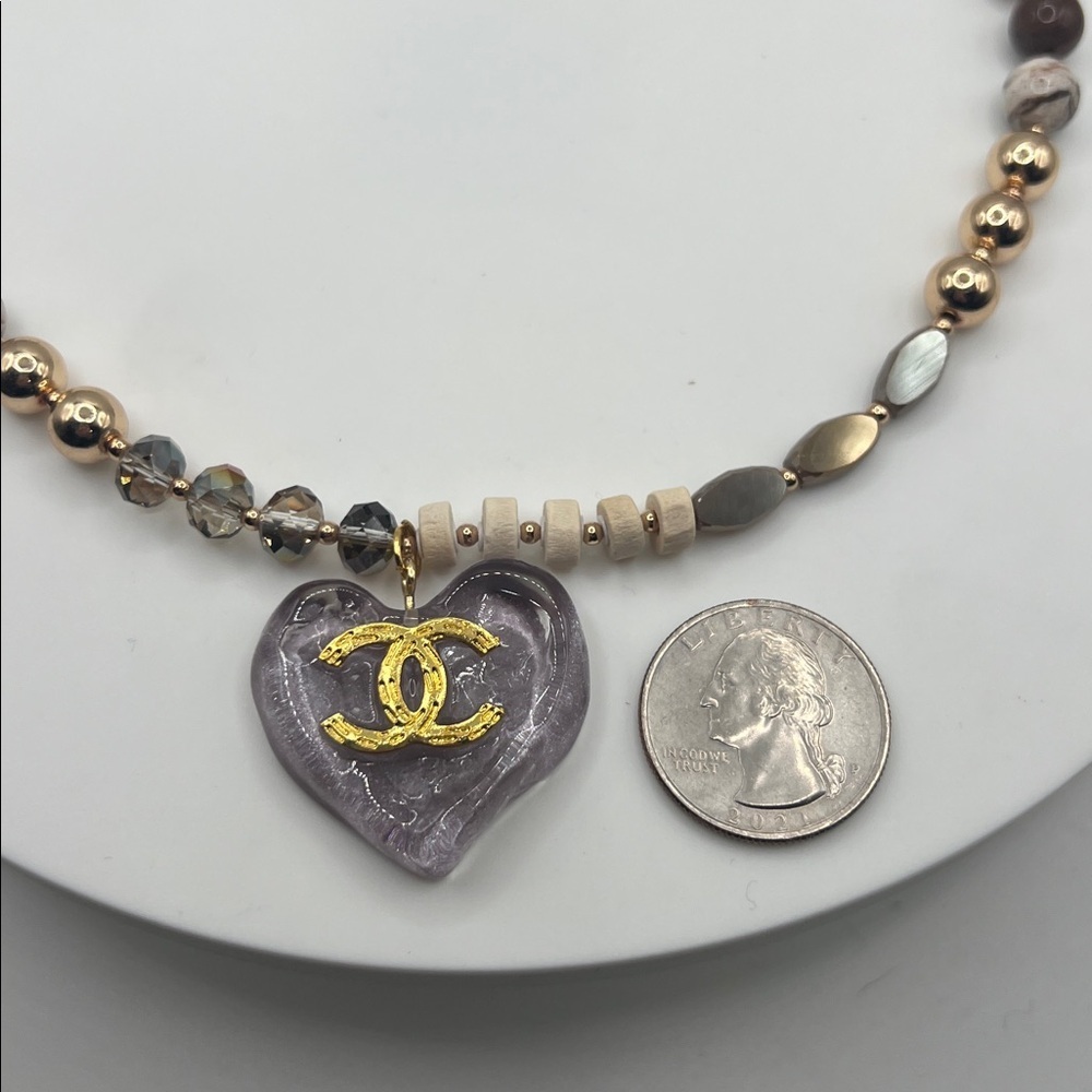 183. Purple Heart Charm Necklace with Gold and Cream Chain - Picture 4 of 5